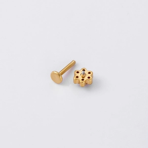 Gold stainless steel flower labret stud with colorful zircon and flat back post