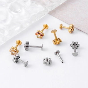 Surgical steel flower labret studs with colorful cubic zirconia for cartilage piercings