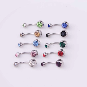 10-piece set of 316 stainless steel belly rings with colorful double crystals