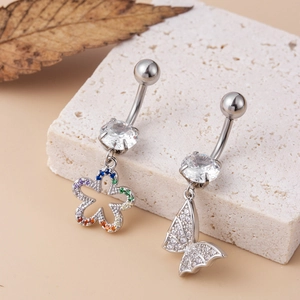 Piercings de ombligo de acero con colgantes de flores y mariposas de circonita