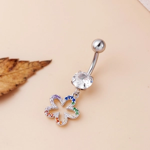 Piercing ombligo flor arcoíris con colgante de circón en acero inoxidable pulido
