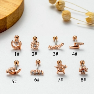 Rose gold stainless steel stud earrings with zircon stars and flowers in varied designs