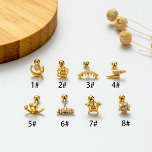Set of 8 gold stainless steel helix earrings with zircon flowers and lightning shapes
