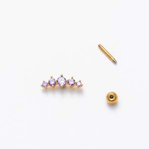 Orecchino piercing in acciaio inossidabile dorato con cinque zirconi viola in gradazione