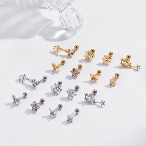 Colorful zircon flower butterfly cartilage studs with stainless steel screw ball backings