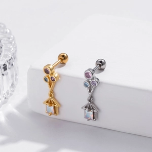Colorful zircon flower butterfly cartilage stud earrings with opal house pendant in gold finish