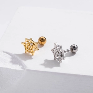 Punk style spider web stud earrings with zircon inlay and screw ball back in gold and silver