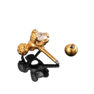 Orecchino a perno in acciaio dorato con zircone a 4 griffe e chiusura a vite
