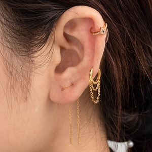 Boucles d'oreilles chaînes en argent S925 doré et manchette avec pierre bleue