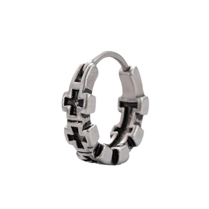 Gothic men's stainless steel hoop earring with embossed cross pattern in vintage silver