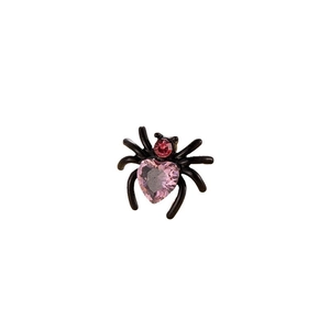 Gothic black spider stud earring with a red round stone and pink heart-shaped crystal