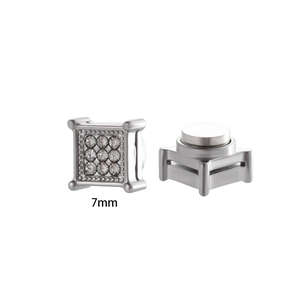 Detailed view of 7mm silver magnetic studs with square zircon setting for non-pierced ears