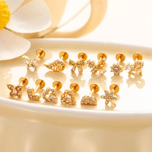 12Pcs gold stainless steel stud earrings set with butterfly and zircon in ceramic dish