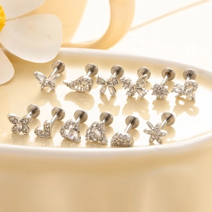 Set of stainless steel stud earrings with heart and butterfly cubic zirconia designs