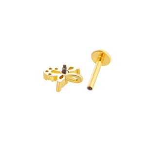 Detail showing the internal screw thread connection of the gold butterfly labret stud