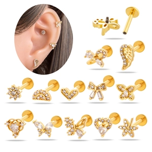Golden flat-back butterfly stud earrings with sparkling cubic zirconia labret jewelry