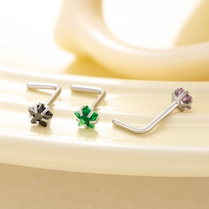 Stainless steel L-shaped nose studs featuring colorful star-shaped cubic zirconia gemstones