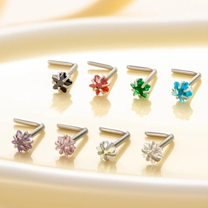 Set of 8 stainless steel L-shaped nose studs with colorful 3mm star zircon stones