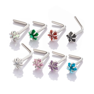 Set of 8 stainless steel L-shaped nose studs with 3mm multi-color star zircon gems