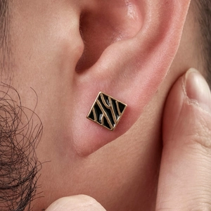 Men's fashion square stud earring in gold and black with unique tiger stripe pattern