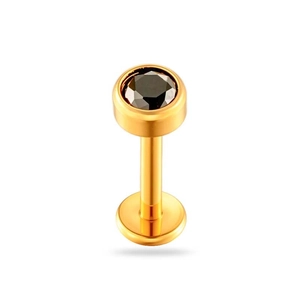 Titanium labret stud with gold PVD coating and faceted black round gemstone inlay