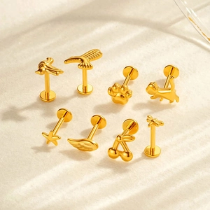 F136 G23 Titanium Alloy Internal Thread Labret Stud Earrings Gold Silver Cherry Dragonfly Cat Paw Starfish Body Piercing Jewelry