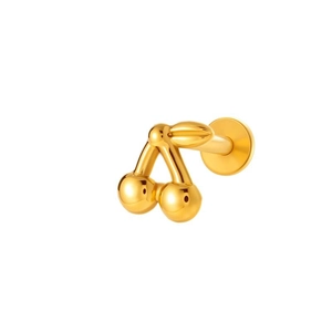 Golden cherry-shaped titanium labret stud with leaf detail for ear and lip piercings