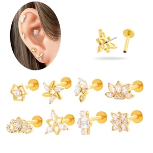 Titanium Alloy F136 G23 Zirconia Floral Star Crown Lip Ring Labret Stud Piercing Jewelry Push-in Flat Back Ear Studs For Women