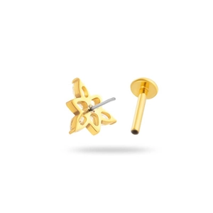 Titanium flower labret stud with gold plating and clear cubic zirconia stones