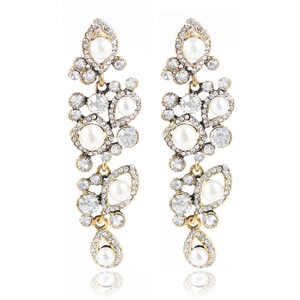 Elegant fan-shaped long tassel earrings with white pearls and sparkling zircons
