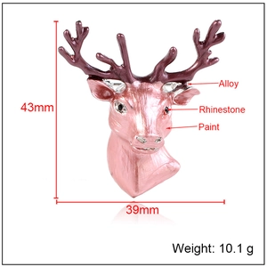 Pink deer head brooch with rhinestones and deep red antlers, sized 43mm x 39mm