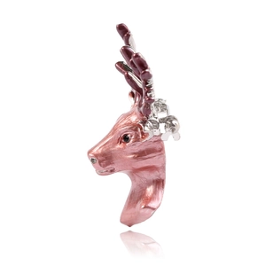 Elegant 3D stag head brooch in rose pink alloy with enamel antlers and silver pin back