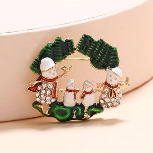 Broche famille bonhomme de neige de Noël avec écharpes rouges et cristaux