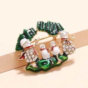 Broche bonhomme de neige de Noël en alliage doré avec strass et émail vert brillant