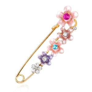 Broche Épingle de Nourrice Fleur en Alliage Vintage pour Femmes Plaqué Or Émail Strass Épingle de Revers Botanique Bijoux