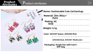 Detailed view of colorful cat drop earrings made of zinc alloy with glossy enamel finish