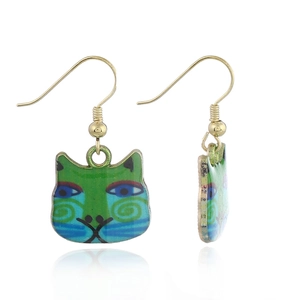 Artistic cat head drop earrings with green enamel and golden fish hooks for women
