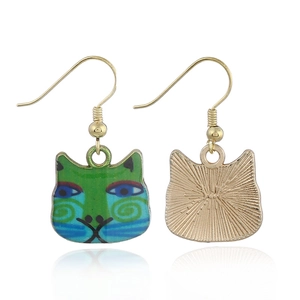 Cat face earrings with blue and green enamel details and golden metal J-shaped hooks