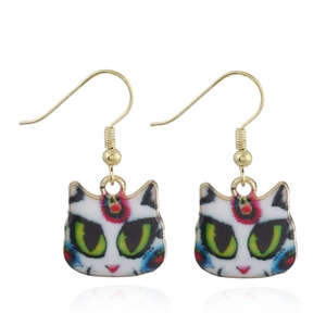 Detailed close-up of colorful enamel cat head hook earrings with vibrant gold plating