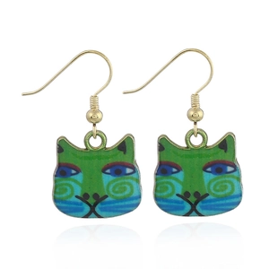 Artistic bohemian cat earrings with green and blue enamel details and golden hooks