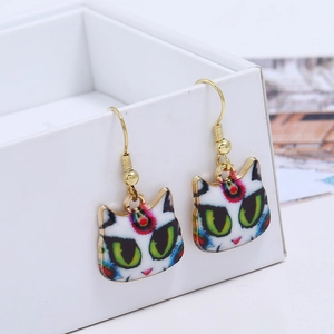 Artistic cat head drop earrings with vibrant hand-painted patterns and gold-tone hooks