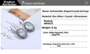 Detailed specification of oval crystal earrings featuring white opal and rhinestones