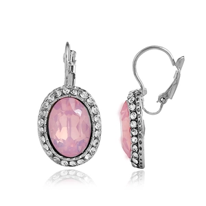 Elegant silver lever-back earrings with oval pink crystal and sparkling zircon halo