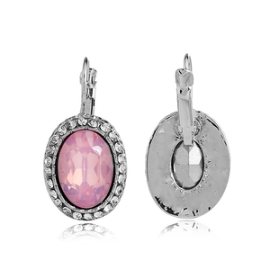 Oval pink crystal lever-back earrings with white rhinestone halo on a white background