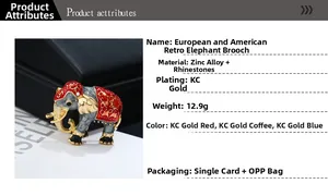 Detail view of retro elephant brooch with enamel inlay and KC gold plating specifications