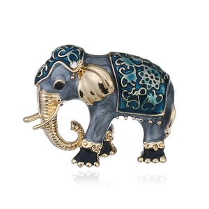 Elegant elephant brooch with grey enamel, blue vintage patterns and sparkling rhinestone