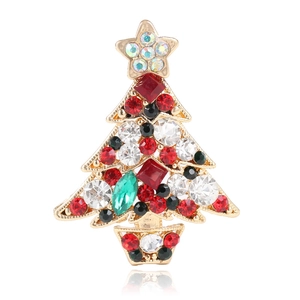 Broche Sapin de Noël en Alliage Doré avec Strass Rouges et Verts Cristal Bijou Festif Cadeau pour Femme