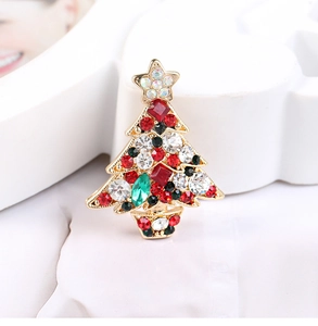 Broche sapin de Noël scintillante avec strass rouges et verts en alliage doré