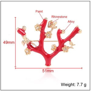 Elegant coral branch brooch with red enamel and white rhinestones in gold alloy finish