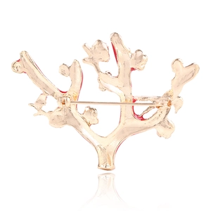 Elegant gold-plated coral branch brooch with red enamel details and secure pin clasp